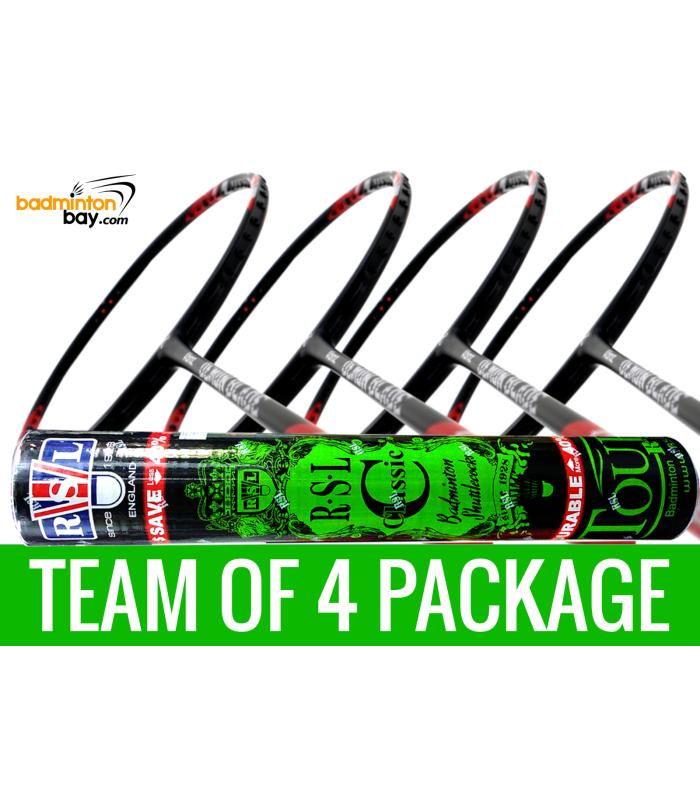 Team Package: 1 Tube RSL Classic Shuttlecocks + 4 Rackets - Abroz Demon Blade 1000 Black Red Badminton Racket (5U)