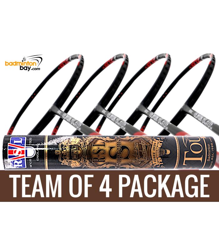 Team Package: 1 Tube RSL Supreme Shuttlecocks + 4 Rackets - Abroz Demon Blade 1000 Black Red Badminton Racket (5U)