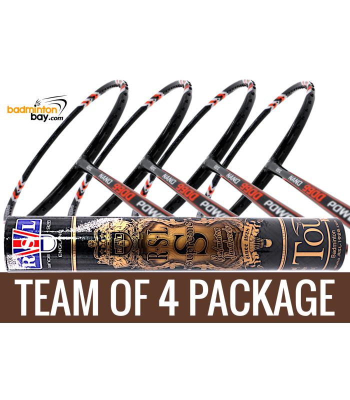 Team Package: 1 Tube RSL Supreme Shuttlecocks + 4 Rackets - Abroz Nano 9900 Power 5U Badminton Racket