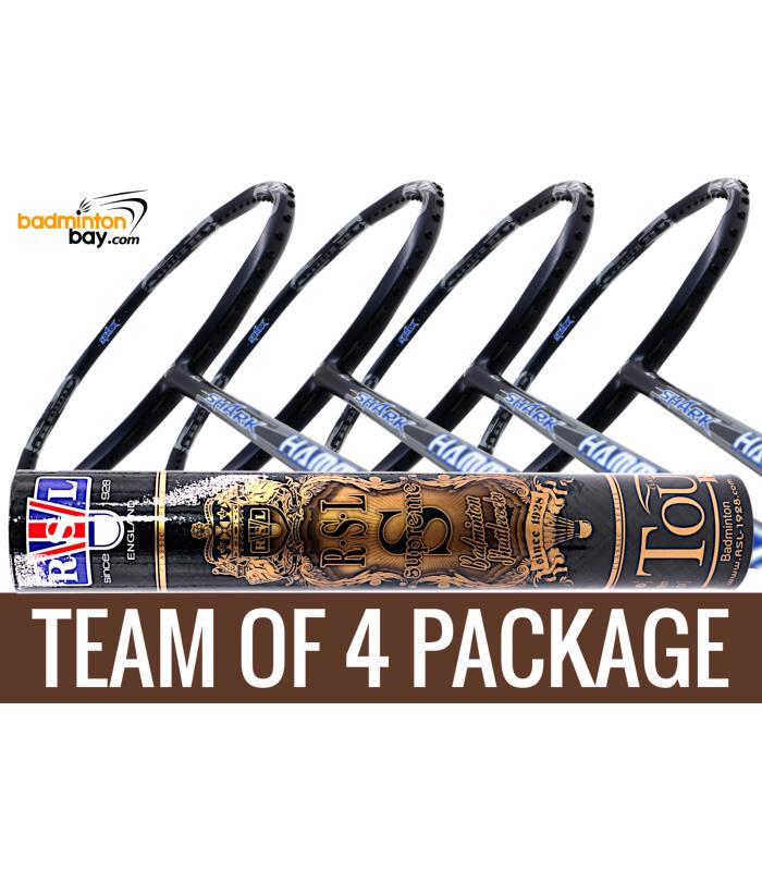 Team Package: 1 Tube RSL Supreme Shuttlecocks + 4 Rackets - Abroz Shark Hammerhead Badminton Racket (6U)