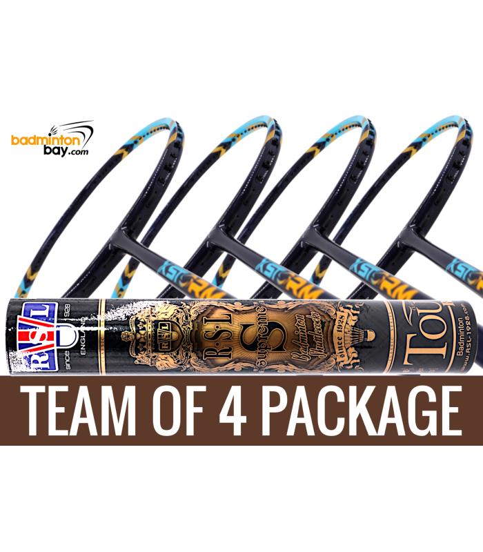 Team Package: 1 Tube RSL Supreme Shuttlecocks + 4 Rackets - Abroz XStorm 88 Badminton Racket (6U)