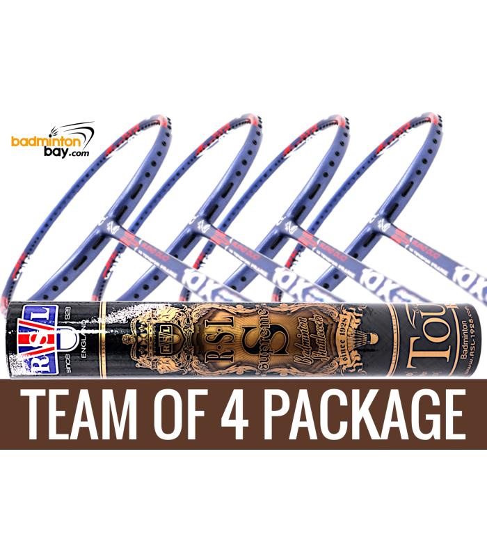 Team Package: 1 Tube RSL Supreme Shuttlecocks + 4 Rackets Apacs Blend Duo 10X Blue Red White Badminton Racket (6U)