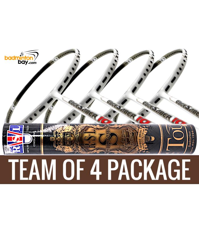 Team Package: 1 Tube RSL Supreme Shuttlecocks + 4 Rackets - Apacs EdgeSaber 10 White Badminton Racket