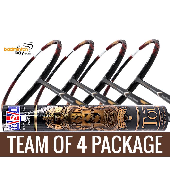 Team Package: 1 Tube RSL Supreme Shuttlecocks + 4 Rackets Apacs Edgesaber Z Slayer Black Gold Compact Frame Badminton Racket (4U)