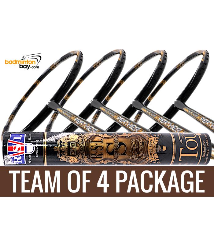 Team Package: 1 Tube RSL Supreme Shuttlecocks + 4 Rackets - Apacs Feather Weight X SPECIAL (XS) Black Gold Badminton Racket