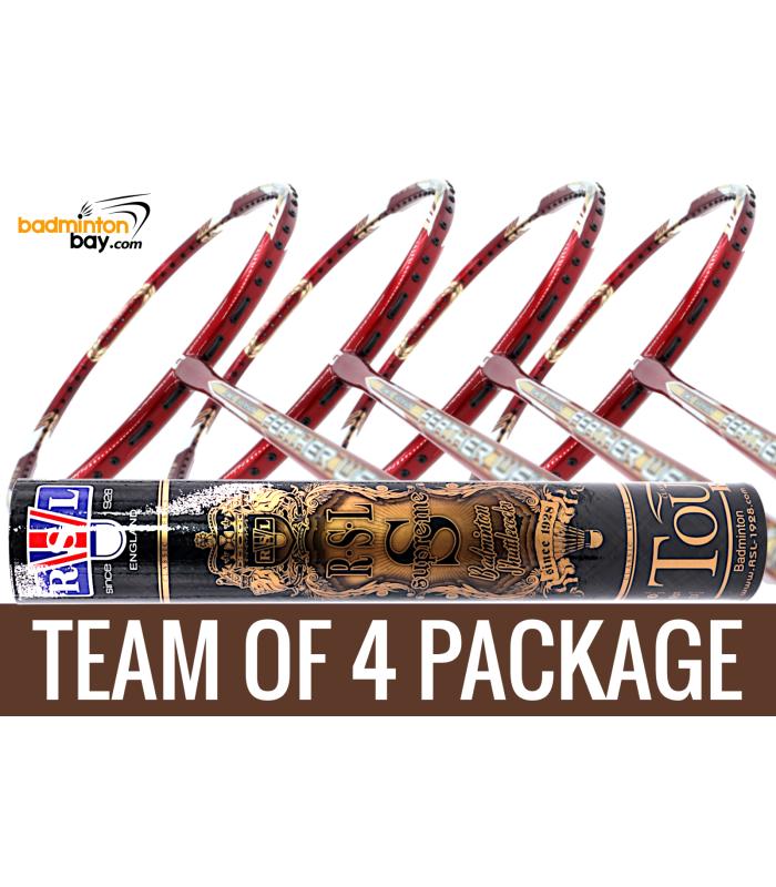 Team Package: 1 Tube RSL Supreme Shuttlecocks + 4 Rackets - Apacs Feather Weight X II Red Gold Badminton Racket