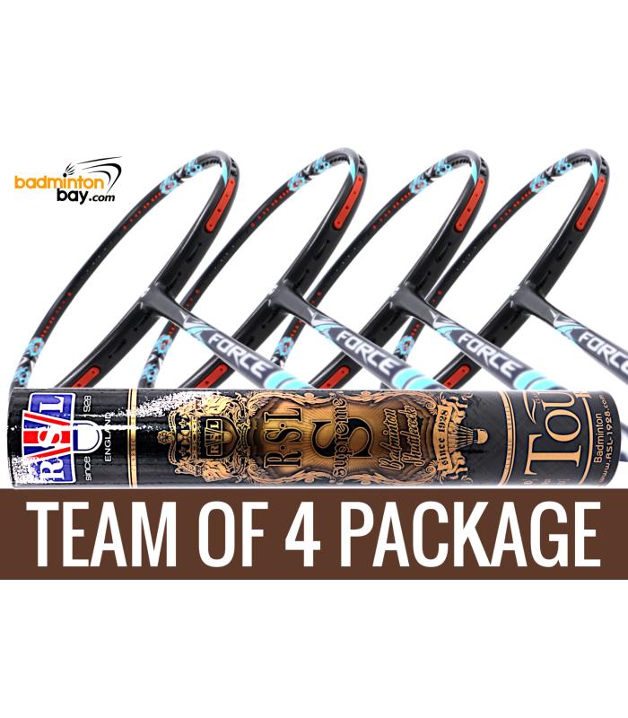 Team Package: 1 Tube RSL Supreme Shuttlecocks + 4 Rackets - Apacs Force II Max 4U Compact Frame Badminton Racket