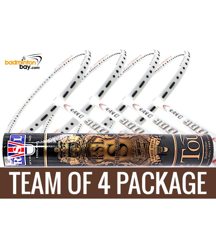 Team Package: 1 Tube RSL Supreme Shuttlecocks + 4 Rackets - Apacs Nano 900 Power (White) Badminton Racket