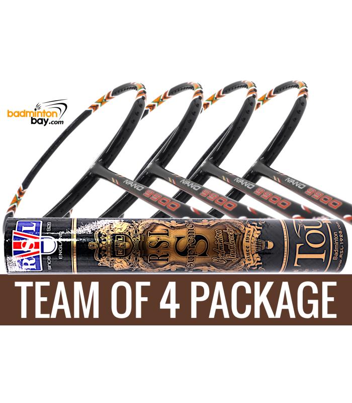 Team Package: 1 Tube RSL Supreme Shuttlecocks + 4 Rackets - Apacs Nano 9900 Badminton Racket