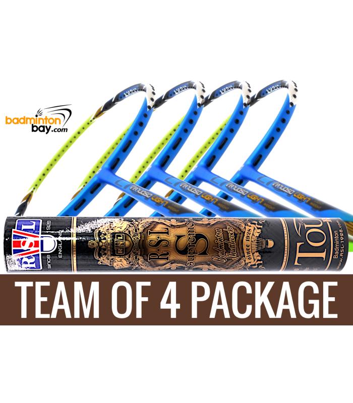 Team Package: 1 Tube RSL Supreme Shuttlecocks + 4 Rackets - Apacs Virtuoso Light Blue Green Badminton Racket