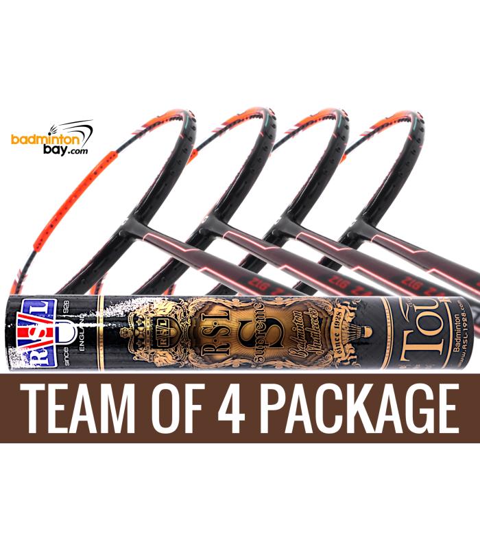 Team Package: 1 Tube RSL Supreme Shuttlecocks + 4 Rackets - Apacs Zig Zag Speed Orange (Prime Version) Compact Frame Badminton Racket